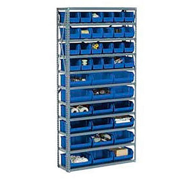 Open Bin Shelving w/10 Shelves & 36 Blue Bins by Global Industrial – 12"L x 36"W x 73"H, Alloy Steel, Grey, Model 603253BL