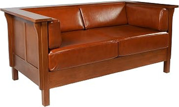 Starlight Canyon Home Solid Wood Leather-Upholstered Loveseat with Cubic Panel Arms, Small Leather Couch Love Seat for Living Room, Michael's Cherry