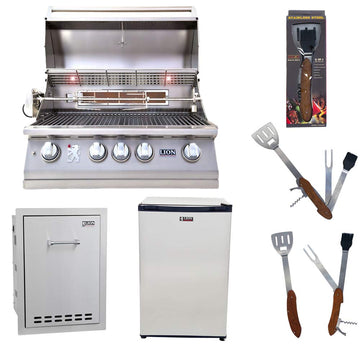 32-Inch Natural Gas Grill L75000 with Lion Multi-Functional Drawer and Lion Refrigerator Package Deal with 5 in 1 BBQ Tool Set by Lion Premium Grills – Model