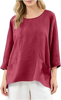 3/4 Sleeve Shirt for Women 2026 Summer Fashion Linen-Like Tops Casual Loose Fit Crewneck Blouses with Pockets