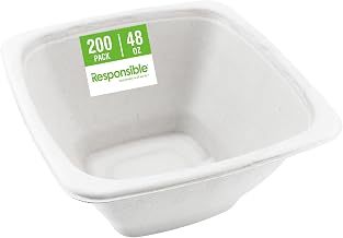 Responsible Products 100% Compostable Square Serving Bowls, 48 oz Disposable Paper Bowls, Microwave Safe, Freezer Safe, Soup Safe, No Plastic, Eco-Friendly, Tree-Free, No PFAS. White (200 Count)