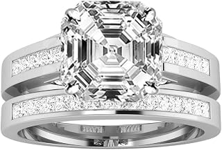 3.02 Ctw 14K White Gold Channel Princess Cut GIA Certified Diamond Engagement Ring Bridal Set Asscher Shape (2.52 Ct E Color VS2 Clarity Center Stone)