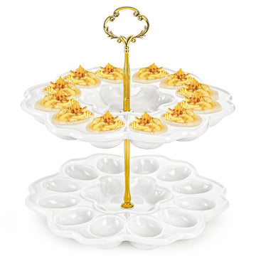 Peohud Ceramic Deviled Egg Tray, 24 Hole 2 Tier Holder, White