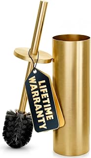 Stainless Steel Toilet Brush and Holder Set, Splash Guard (Brushed Gold) | Toilet Bowl Brush and Holder, Removable Inner Bowl, Dense Bristles, Long Handle, Scratch- & Corrosion-Resistant, Modern Look