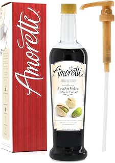 Amoretti Premium Pistachio Praline Syrup, 94 Servings Per Bottle (750 ml), with Pump for Flavoring Coffees, Cocktails, and other Beverages, Gluten Free, GMO/GEO Free, Preservative Free