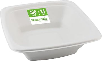 Responsible Products 100% Compostable Square Serving Bowls, 24 oz Disposable Paper Bowls, Microwave Safe, Freezer Safe, Soup Safe, No Plastic, Eco-Friendly, Tree-Free, No PFAS. White (400 Count)