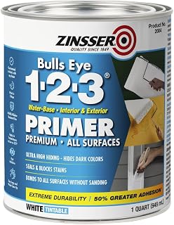 Zinsser Bulls Eye 1-2-3 Water-Base Primer & Sealer, White, Quart | Bulls Eye 1-2-3 water-base primer-sealer, Quart, White. All-surface stain-blocking primer for interior & exterior; sticks.