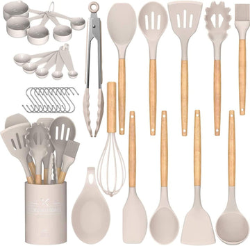 Umite Chef Silicone Utensil Set, 33 Piece with Wooden Handles, Khaki