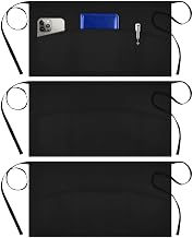 Syntus 3 Pack Server Apron with 3 Pockets for Men Women, Black Waist Apron | Machine washable, Polyester Fabric, Waterdrop resistant, Long Straps, Adjustable, Spacious Pockets, Customized, Easy to Care