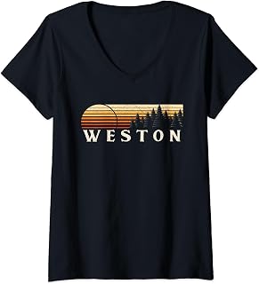 Womens Weston, GA Vintage Evergreen Sunset Eighties Retro V-Neck T-Shirt