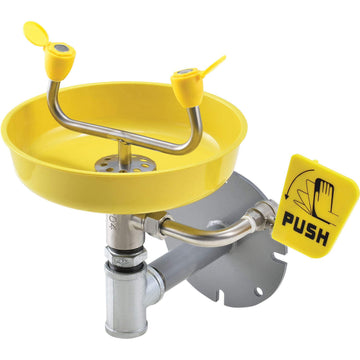 Wall Mounted Emergency Eyewash with Plastic Bowl by Global Industrial – 11.5" Diameter Bowl, ABS Plastic/Galvanized Steel/Stainless Steel, Yellow, Model 708381