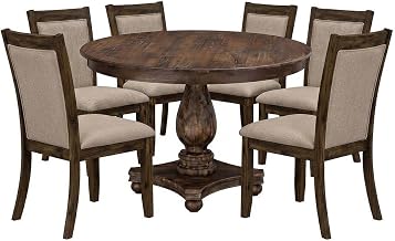 Furnifact Solid Wood Dining Furniture Set with Pedestal Table and Linen-Upholstered High-Back Parson Chairs, Round Dining Table with Chairs, Antique Walnut, 7 Piece