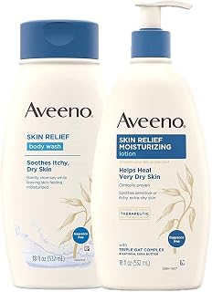 Aveeno Skin Relief Fragrance-Free Moisturizing Daily Body Wash, 18 oz & Skin Relief Fragrance-Free Moisturizing Body Lotion for Sensitive Skin, 18 oz