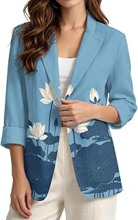 Linen-Like Blazer Jacket for Women 3/4 Sleeve Cardigan Coat
