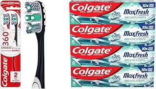 Colgate 360 Optic White Advanced Toothbrush, Medium Toothbrush for Adults,2 Count (Pack of 1) & Max Fresh Whitening Toothpaste with Mini Strips, Clean Mint Toothpaste for Bad Breath