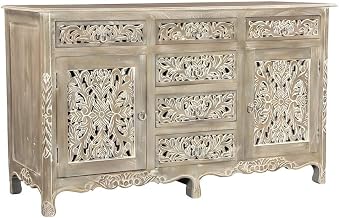 Starlight Canyon Home Solid Mango Wood Sideboard with Floral Carved Details, 6-Drawer 2-Door Buffet Cabinet for Dining and Living Room
