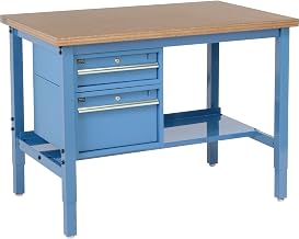 Global Industrial 48"W x 30"D Workbench, 1-1/2" Thick Shop Top Square Edge with Drawers & Shelf, Blue