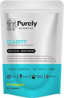 Clarity Mushroom Gummies – Focus, Memory & Brain Support with Lion’s Mane, Cordyceps, Alpha GPC & Phosphatidylserine - Organic, Vegan, Non-GMO, No Gelatin, Caffeine-Free, No Jitters (10 Count)
