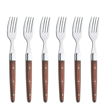 Steak Forks with Pakka Wood Handle by Amefa – Set Of 6, Stainless Steel, Silver And Brown, Pack of 6, Model Royal