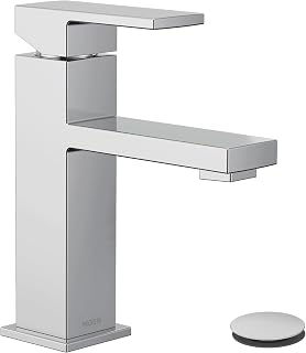 Moen Revyl Chrome One-Handle Single Hole Modern Bathroom Sink Faucet with Optional Deckplate and Spring Loaded Drain Assembly, 84771