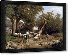 ArtDirect Crossing The Stream 46x36 Huge Black Ornate Wood Framed Canvas Giclee Art by Marko, Andras