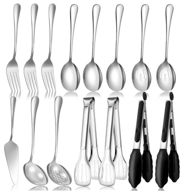 LifeMusican Serving Utensils Set, Large Stainless Steel, Silver 15 Pieces