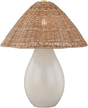Mitzi Deanne Table Lamp | Aged Brass Finish | Creamy Oat Glazed Ceramic Base | Scalloped Wicker Dome Shade | Organic Modern Accent Lighting | 17.5" W x 19.75" H | HL1100201-AGB/CCO