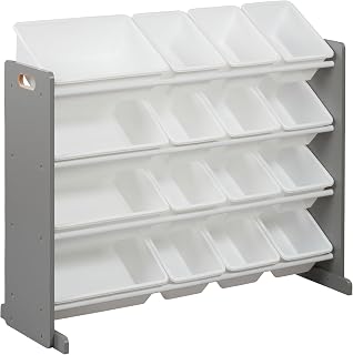 ECR4Kids 4-Tier Organizer with 16 Removable Plastic Bins, 4x4, Toy Storage, Grey/White