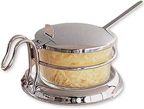 TableCraft 357 Condiment Jar Set with Spoon, 6 oz Clear Glass Jar with 18-8 Stainless Steel Lid, Spoon and Holder, Polished Tabletop Dispenser for Home or Restaurant Use