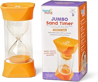 hand2mind Orange Jumbo Sand Timers, 5 Minute Sand Timer, Hourglass Sand Timer with Soft Rubber End Caps Offers Quiet Pausing, Classroom Sand Timers for Kids, Teeth Brushing and Game Timer (Set of 1)