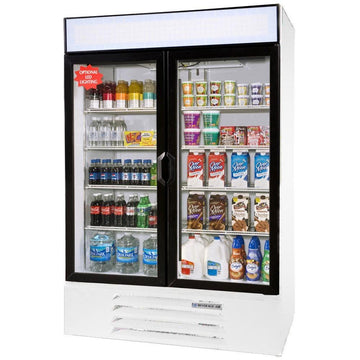 Beverage-Air MarketMax 52" Two Section Glass Door Reach-In Dual Merchandising Refrigerator/Freezer with LED Lighting 49 cu.ft. Capacity White Exterior and Bottom Mounte by