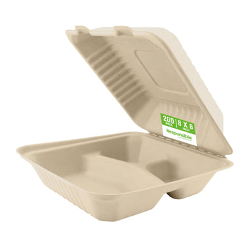 8 inch 3-Compartment Hinged Containers by Responsible Products – Other, Natural Brown, Model RP-8X8-3CHC-NPA-200