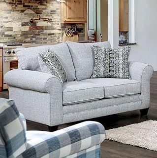 Transitional Loveseat, Gray Linen-Like Upholstery, Rolled Arms, Loose Back Pillows