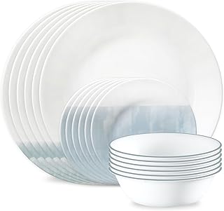 Corelle Vitrelle 18-Piece Service for 6 Dinnerware Set, Triple Layer Glass and Chip Resistant, Lightweight Round Plates and Bowls Set, Foggy Seas