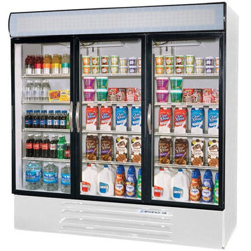 Beverage-Air MMF72-5-W-LED MarketMax 75" Three Section Glass Door Reach-In Merchandiser Freezer with LED Lighting 72 cu.ft. Capacity White Exterior and Bottom Mounted by Beverage