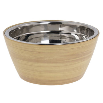 Serving Bowl Butcher Block Faux Wood Melamine with Stainless Steel Insert - 9 1/4" Dia x 4 1/4" H by HUBERT – Stainless Steel, Brown, Model 68259+43557