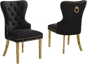 Modern Tufted Dining Chairs Set of 2 with Chrome Legs and Ring Pull Back, Upholstered Wingback Side Chairs with Nailhead Trim, Luxury Black Boucle Chairs for Dining Room & Kitchen