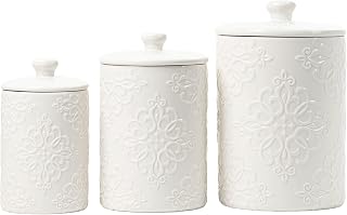 10 Strawberry Street Embossed Ceramic Kitchen Canister Set, Set of 3, Stamp White