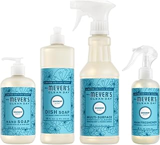 Mrs. MEYER'S Clean Day Dewdrop Scent Variety Pack, 1 Room Freshener 8 Fl Oz, 1 Liquid Dish Soap 16 Fl Oz, 1 Liquid Hand Soap 12.5 Fl Oz, 1 Multi-surface Cleaner 16 Fl Oz, Dewdrop, 1 CT