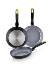 Frying Pan Set by Monix – 13 cm, 16 cm, 20 cm, 3.6 liters, Aluminum, Grau und Grün, Pack of 3