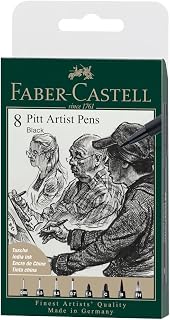 Faber-Castell PITT Artist Pen India Ink Pen - wallet of 8 - colour 199 black - XXS, S, F, M, B, C, 1.5, Fude Hard, (167158)