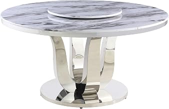 58" x 58" Round White Marble Dining Table with Lazy Susan and Stainless Steel