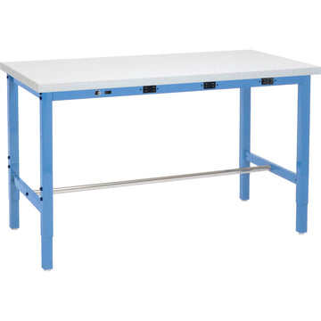 Heavy Duty Adjustable Height Workbench with Power Apron by Global Industrial – 36"L x 96"W x 5"H, Steel, Blue, Model 606981BBLA
