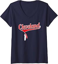 Womens Vintage Cleveland Baseball with Hanging Feathers V-Neck T-Shirt