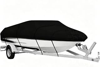 Boat Cover for Thunder Jet Luxor 200 2015-2025, Oxford Fabric Marine Storage Cover with Elasticized Hem for All-Season Use, Outdoor Protective Design for V-Hull Boat,A Black