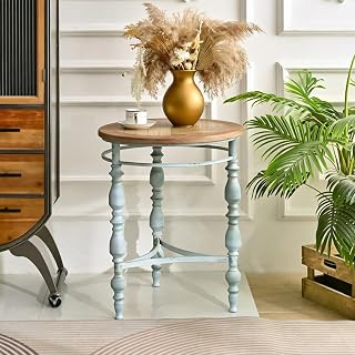 20" Rustic Carved Coffee Table, Round Coffee Table with Detachable Metal Legs, Mesa De Centro para Sala with Easy Cleaning for Residential Living Spaces, Natural Wood Wash