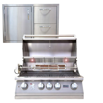 32" Natural Gas Grill - - with Made in USA 32" Left Hinge Door/Drawer Combination Package Deal by Lion Premium Grills – Stainless Steel, Silver, Model L75000