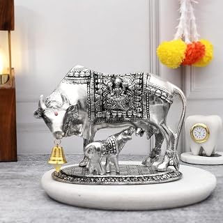 Balaji Craft bki Metal Kamdhenu Cow Showpiece Fr Home Décor, Living Room, Table Décor, Vastu Decorations (16X18 CM) Y1 A