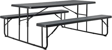 Global Industrial Lightweight 6'L Folding Plastic Picnic Table, 600 Lbs. | Capacity, Powder Coated Steel Frame, 1-1/2" Umbrella Pole Hole Charcoal, 71"L x 53"W x 29"H