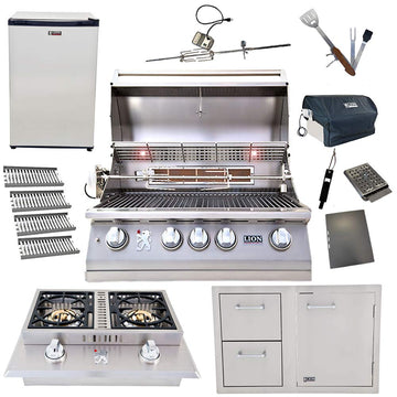 Lion 32-Inch Natural Gas Grill with 4 Ceramic Tubes w/ Flame Tray and Door and Drawer Combo and Double Side Burner and Refrigerator and 5 in 1 BBQ Tool Set Best of Backyard